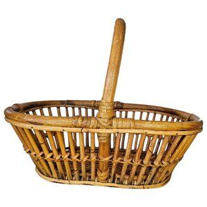 Vintage Bamboo Reed Gathering Basket Handle‎ 10x14x12 5 Inches Deep Boho Decor